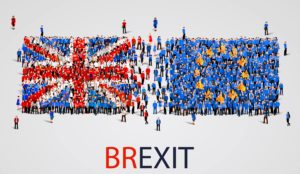 Crowds representing UK and EU flags